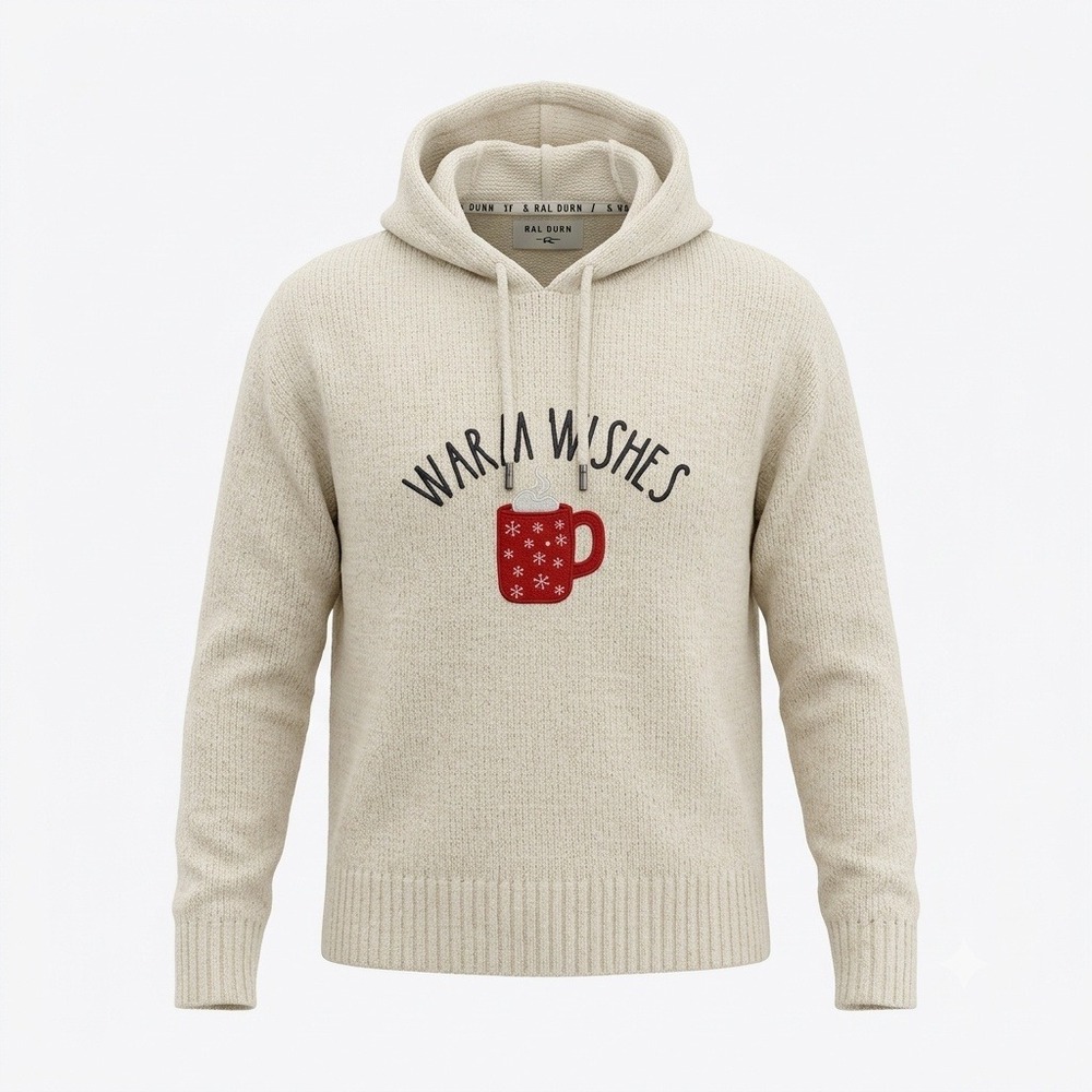 Rae Dunn Warm Wishes Cream Knit Hoodie Sweater Red Mug Cozy Holiday Christmas M